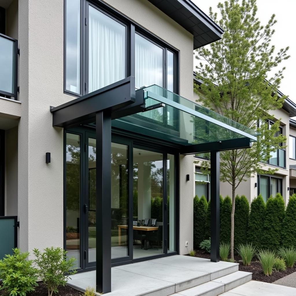 Mẫu mái hiên kính cường lực cho nhà phố hiện đại, thiết kế tối giản, khung nhôm đen kết hợp kính trong suốt